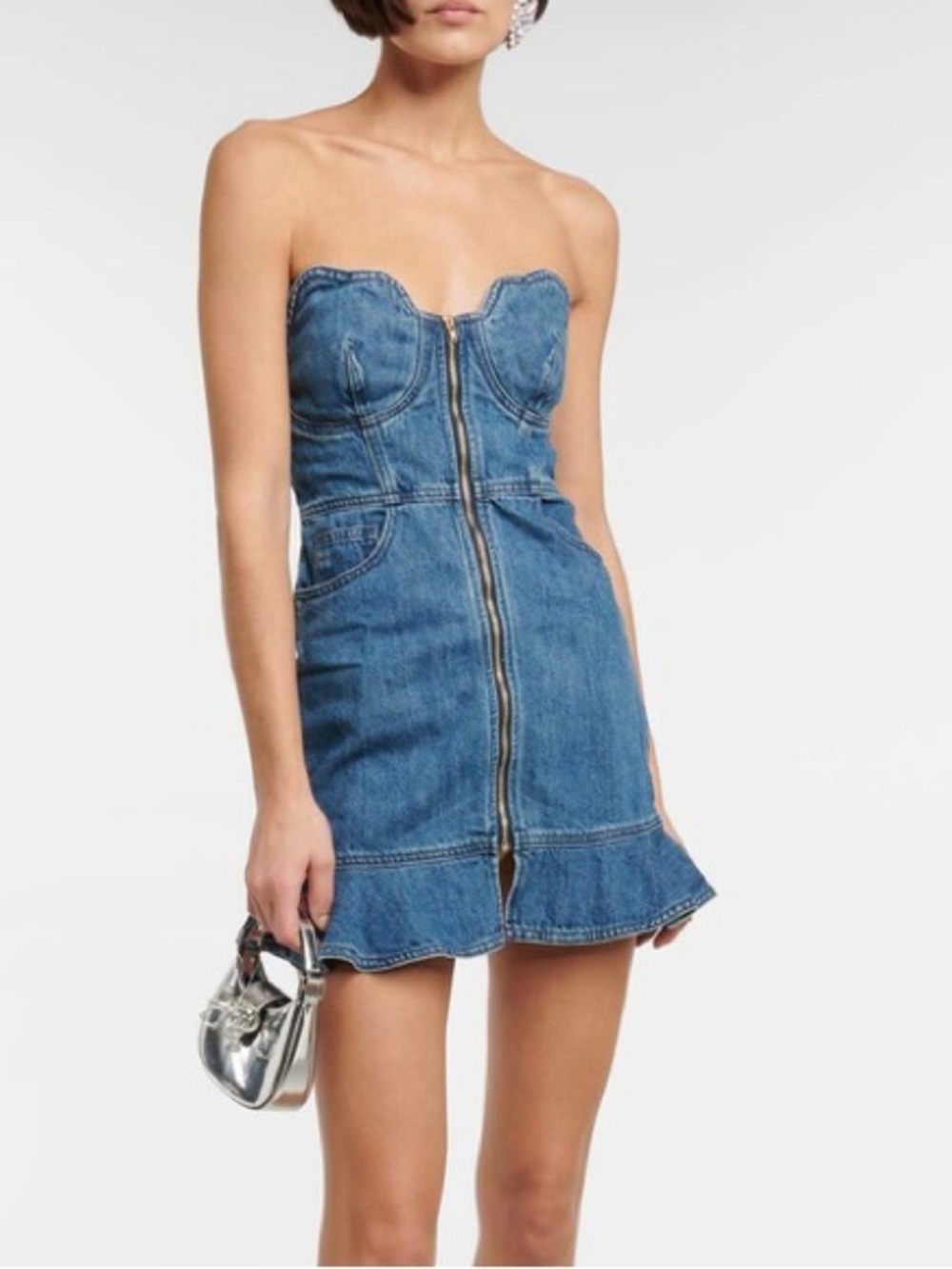 Self-Portrait Zip-Up Denim Minidress Strapless Blue Size 6 Moto-Chic Party Glam